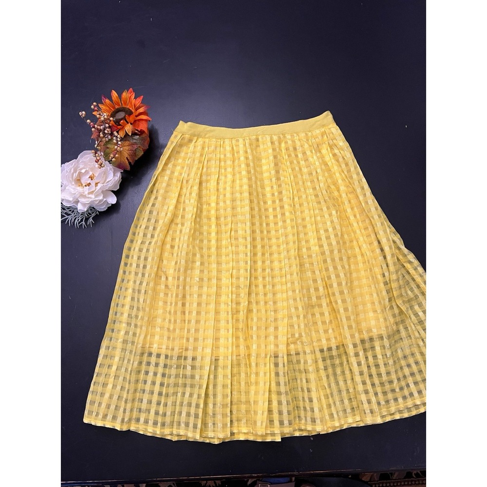 Elle Yellow Sheer Gingham Pleated Midi Skirt Hi-Waist Lined Zip Sz 10 Dopamine